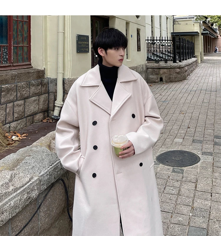 Long Dust Coat Men Winter Korean-style Trench Mens Solid Double Breasted Woolen Cloth Coat Loose Casual Trenchcoat Outwear