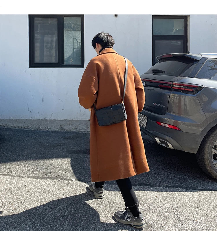 Long Dust Coat Men Winter Korean-style Trench Mens Solid Double Breasted Woolen Cloth Coat Loose Casual Trenchcoat Outwear