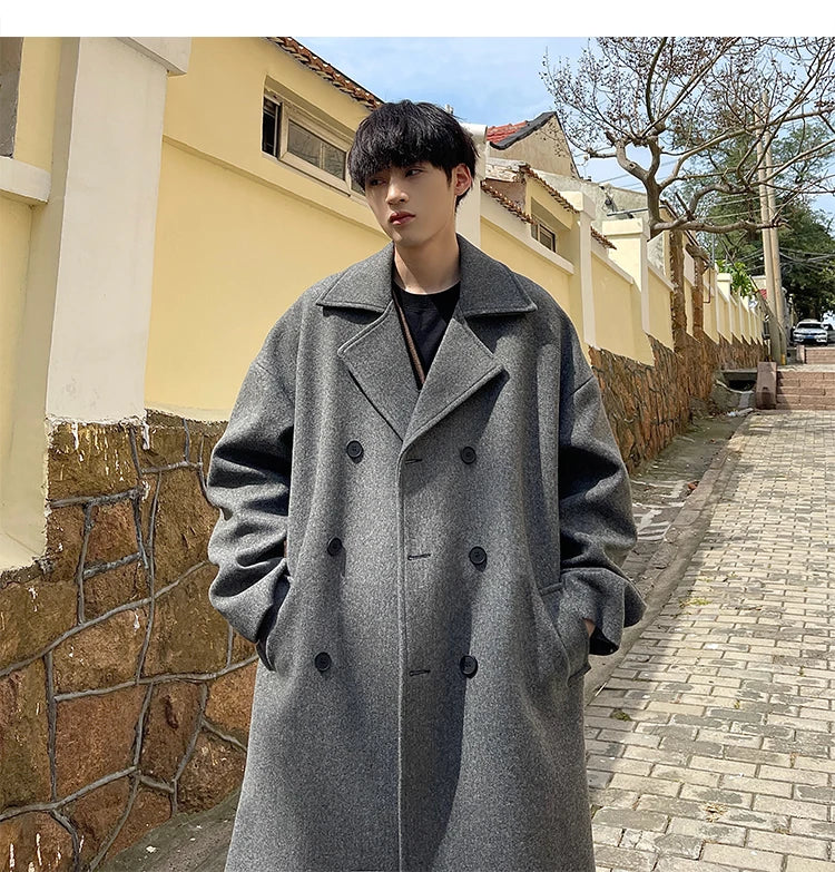 Long Dust Coat Men Winter Korean-style Trench Mens Solid Double Breasted Woolen Cloth Coat Loose Casual Trenchcoat Outwear
