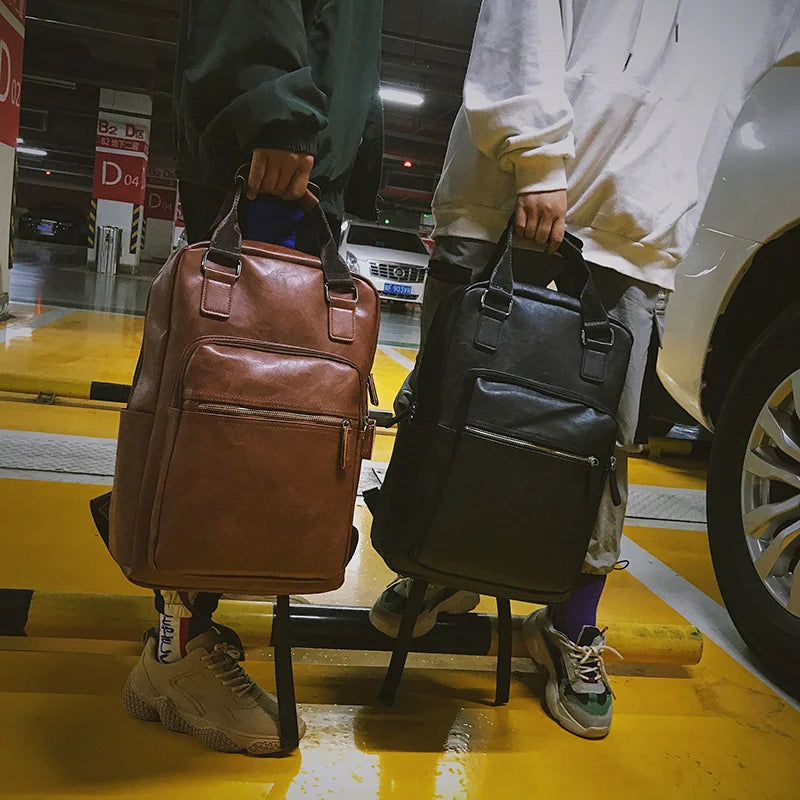 DIDA BEAR 2021 Men Backpack PU Leather Bagpack Large laptop Backpacks Male Mochilas Casual Schoolbag For Teenagers Boys Brown