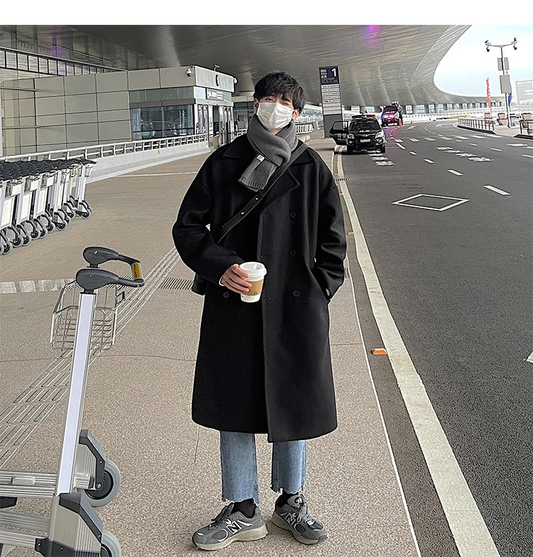Long Dust Coat Men Winter Korean-style Trench Mens Solid Double Breasted Woolen Cloth Coat Loose Casual Trenchcoat Outwear