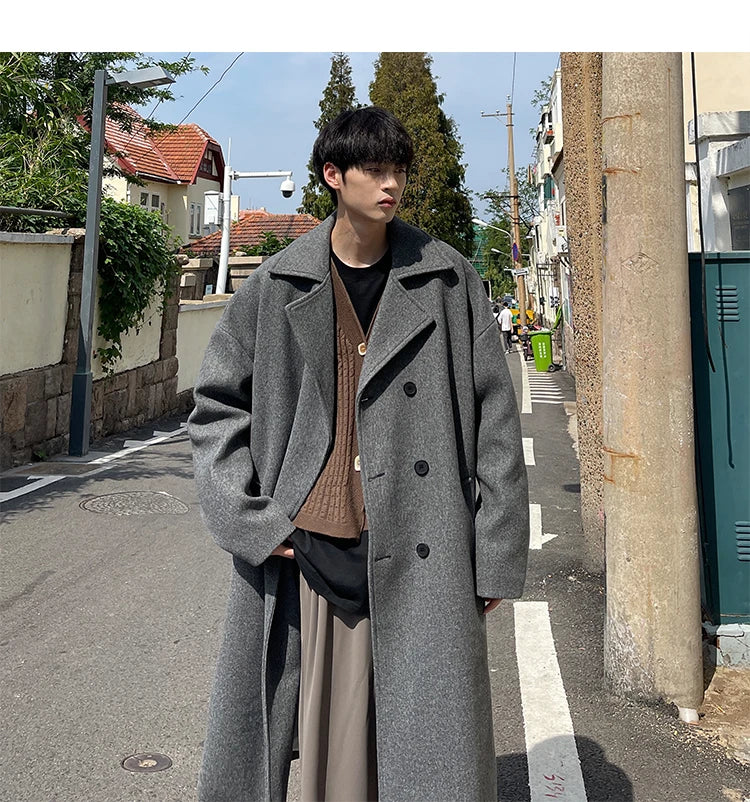 Long Dust Coat Men Winter Korean-style Trench Mens Solid Double Breasted Woolen Cloth Coat Loose Casual Trenchcoat Outwear
