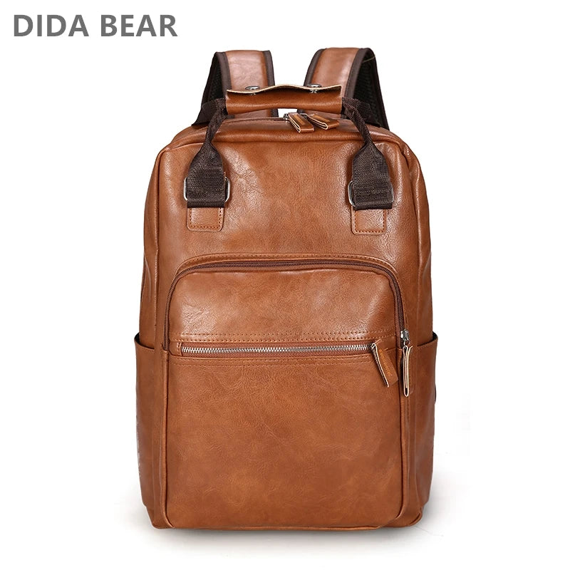 DIDA BEAR 2021 Men Backpack PU Leather Bagpack Large laptop Backpacks Male Mochilas Casual Schoolbag For Teenagers Boys Brown