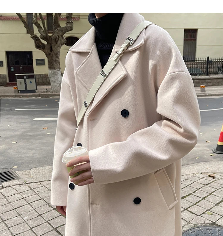 Long Dust Coat Men Winter Korean-style Trench Mens Solid Double Breasted Woolen Cloth Coat Loose Casual Trenchcoat Outwear