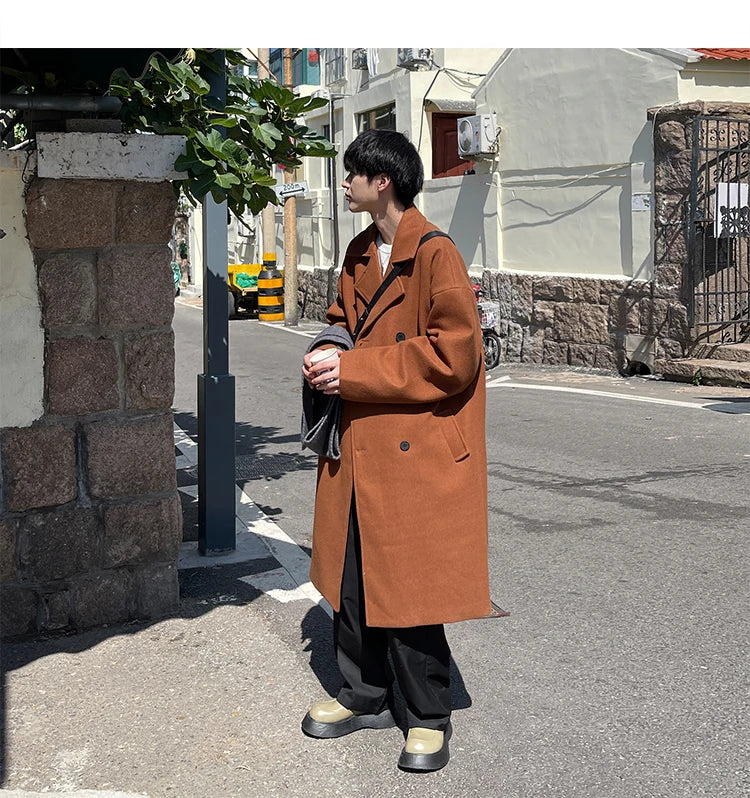 Long Dust Coat Men Winter Korean-style Trench Mens Solid Double Breasted Woolen Cloth Coat Loose Casual Trenchcoat Outwear
