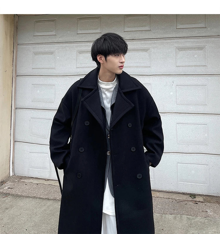 Long Dust Coat Men Winter Korean-style Trench Mens Solid Double Breasted Woolen Cloth Coat Loose Casual Trenchcoat Outwear