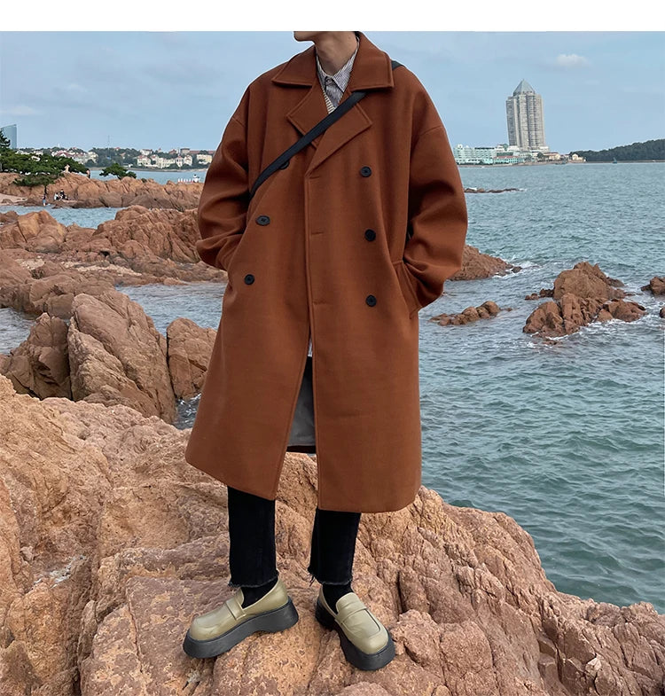 Long Dust Coat Men Winter Korean-style Trench Mens Solid Double Breasted Woolen Cloth Coat Loose Casual Trenchcoat Outwear