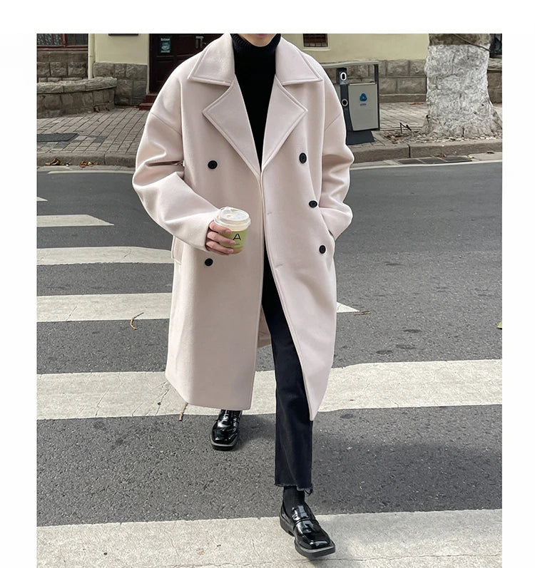 Long Dust Coat Men Winter Korean-style Trench Mens Solid Double Breasted Woolen Cloth Coat Loose Casual Trenchcoat Outwear
