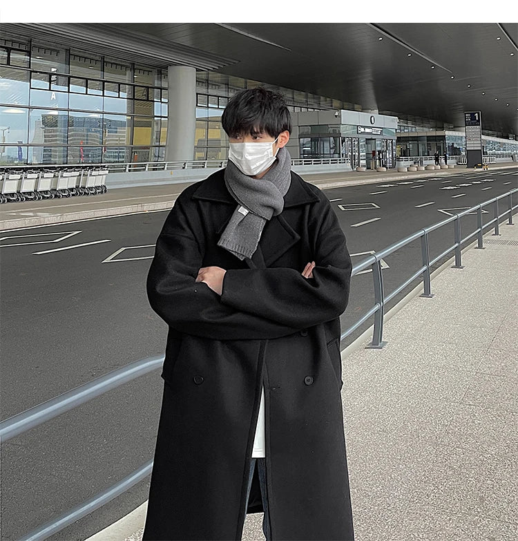Long Dust Coat Men Winter Korean-style Trench Mens Solid Double Breasted Woolen Cloth Coat Loose Casual Trenchcoat Outwear