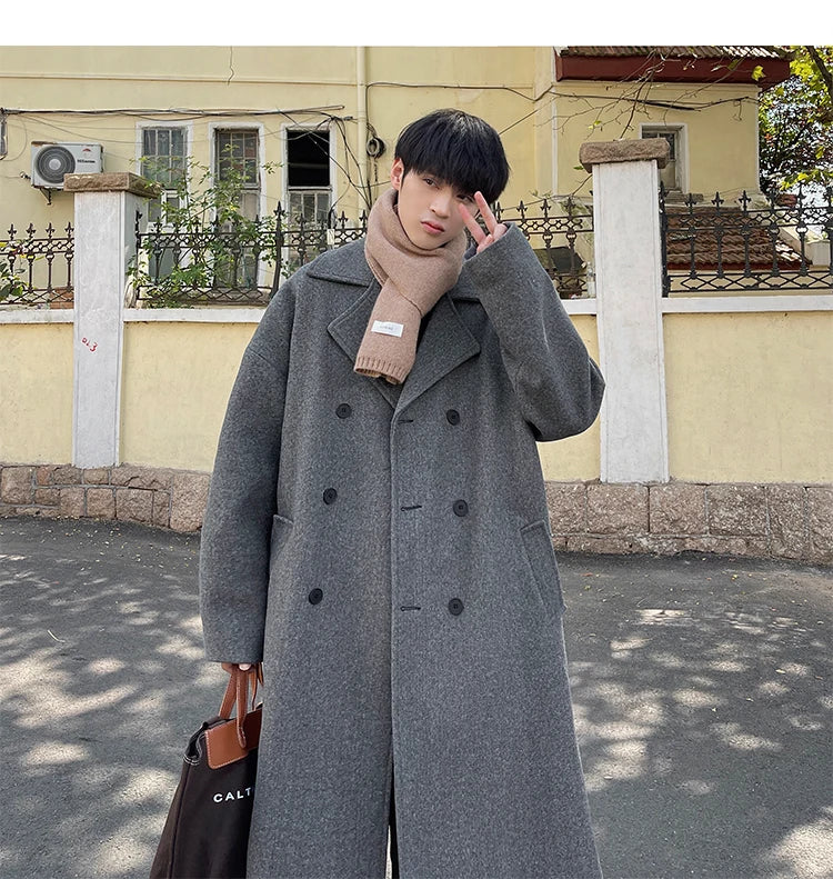 Long Dust Coat Men Winter Korean-style Trench Mens Solid Double Breasted Woolen Cloth Coat Loose Casual Trenchcoat Outwear