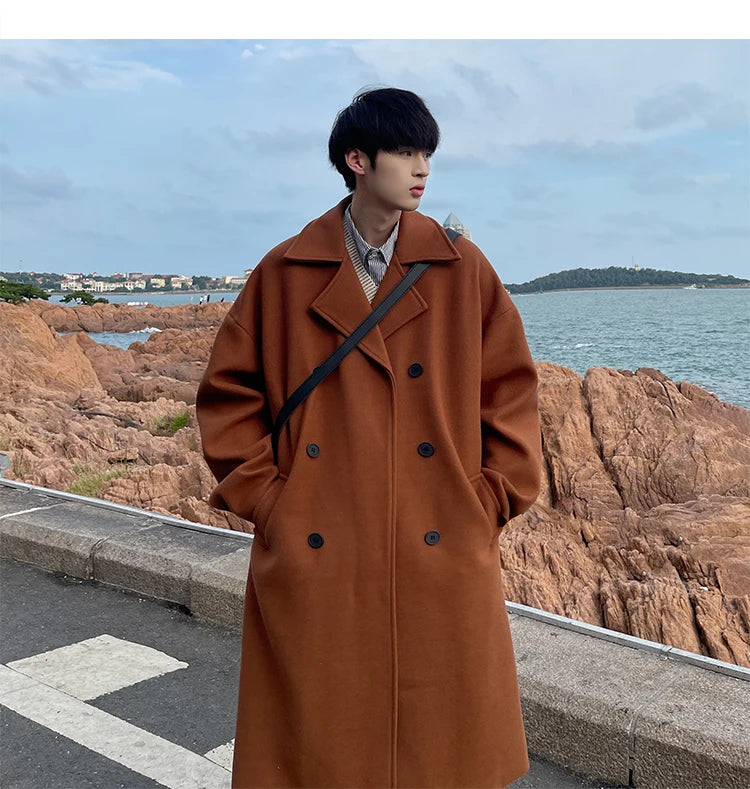 Long Dust Coat Men Winter Korean-style Trench Mens Solid Double Breasted Woolen Cloth Coat Loose Casual Trenchcoat Outwear