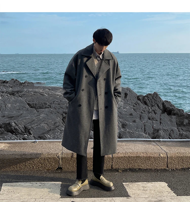 Long Dust Coat Men Winter Korean-style Trench Mens Solid Double Breasted Woolen Cloth Coat Loose Casual Trenchcoat Outwear
