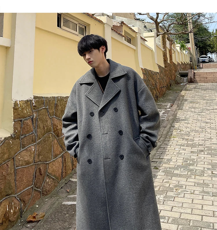 Long Dust Coat Men Winter Korean-style Trench Mens Solid Double Breasted Woolen Cloth Coat Loose Casual Trenchcoat Outwear