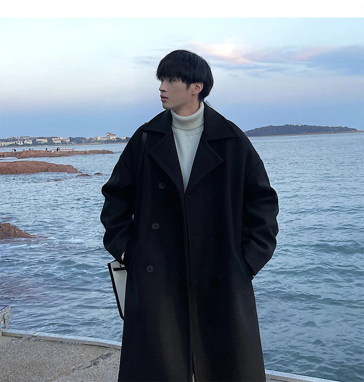 Long Dust Coat Men Winter Korean-style Trench Mens Solid Double Breasted Woolen Cloth Coat Loose Casual Trenchcoat Outwear
