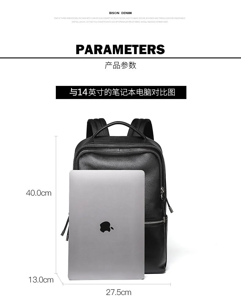 BISON DENIM New Genuine Leather Men Backpack Laptop School Backpack Bag 2025 Fashion Waterproof Travel Bag Casual Book Bag