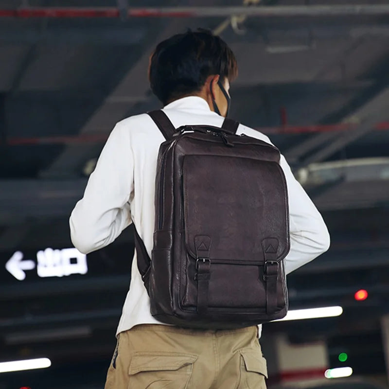 Large Capacity Laptop Backpack Men Casual Fashion Bags For Men Retro Zipper PU Leather Backpacks Male Travel Waterproof Bag Man
