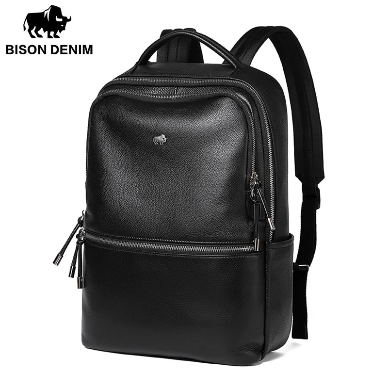 BISON DENIM New Genuine Leather Men Backpack Laptop School Backpack Bag 2025 Fashion Waterproof Travel Bag Casual Book Bag