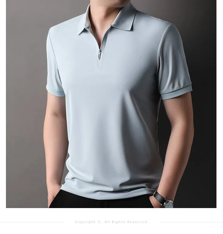 Men's Half-Zip Polo Shirt Light Beige Breathable Casual Slim Fit Stretch Cotton Classic Collar Business Casual Tops