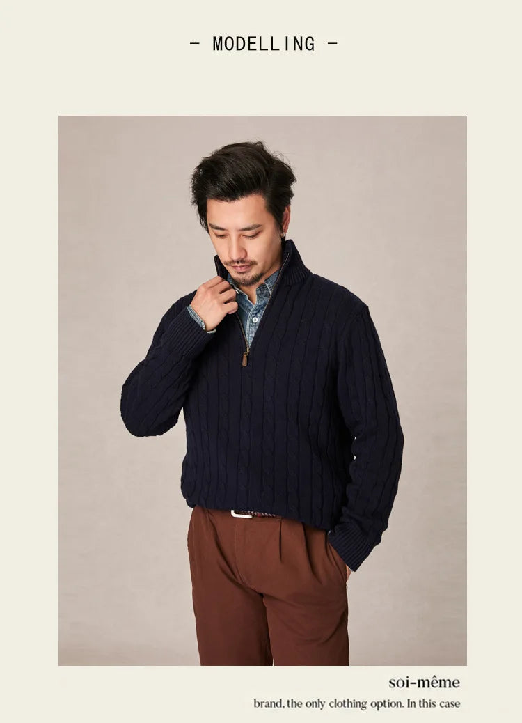 Autumn and winter retro half turtleneck zipper cashmere sweater men's loose pullover cable knit sweater coat trend
