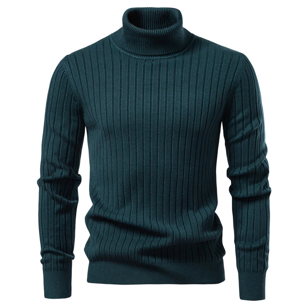 AIOPESON Men's Turtleneck Sweater Solid Color with Striped Pullover Warm Knitwear Winter Basic Casual High Quality Sweater Male
