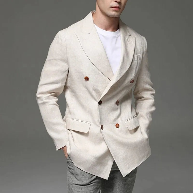 Fashion Summer Men Linen Blazer Suit Coat  Blazer Solid Color Jacket Double Breasted Slim Fit Breathable Business Work Casual
