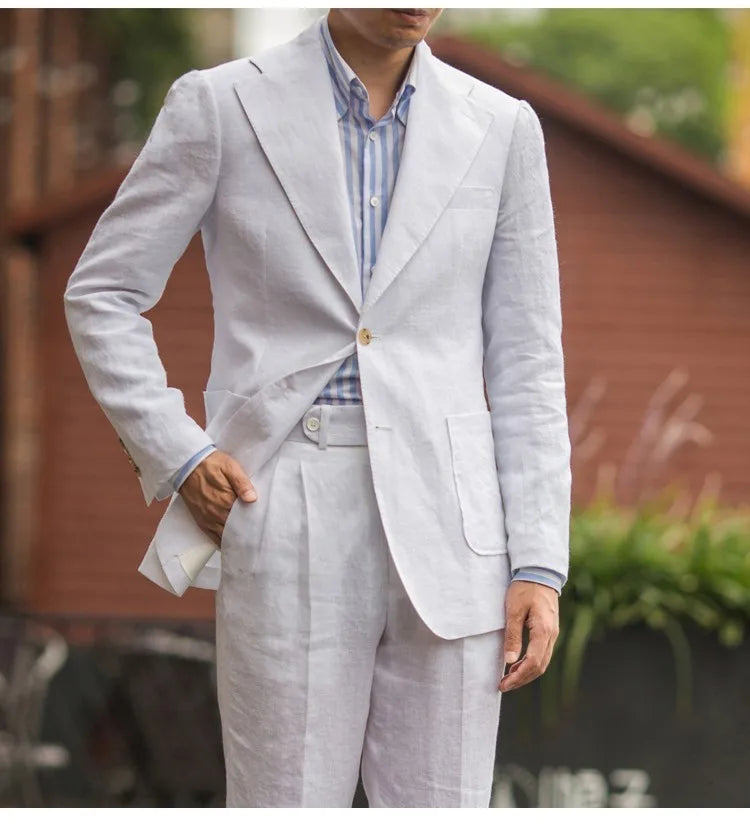 Summer Men's Linen Suit Retro Naples Style Slim-Fit Blazer Casual Middle-Aged Business Top