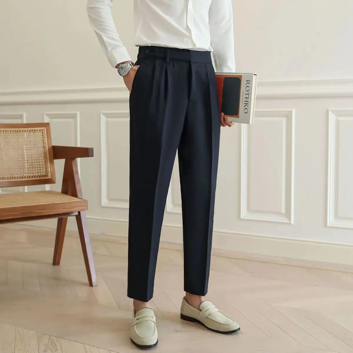 High Waist Pleated Man Suits Pants 9 Cropped Business Social Tailoring Quality Fabric Trousers for Men Classic Dress Elegant Up