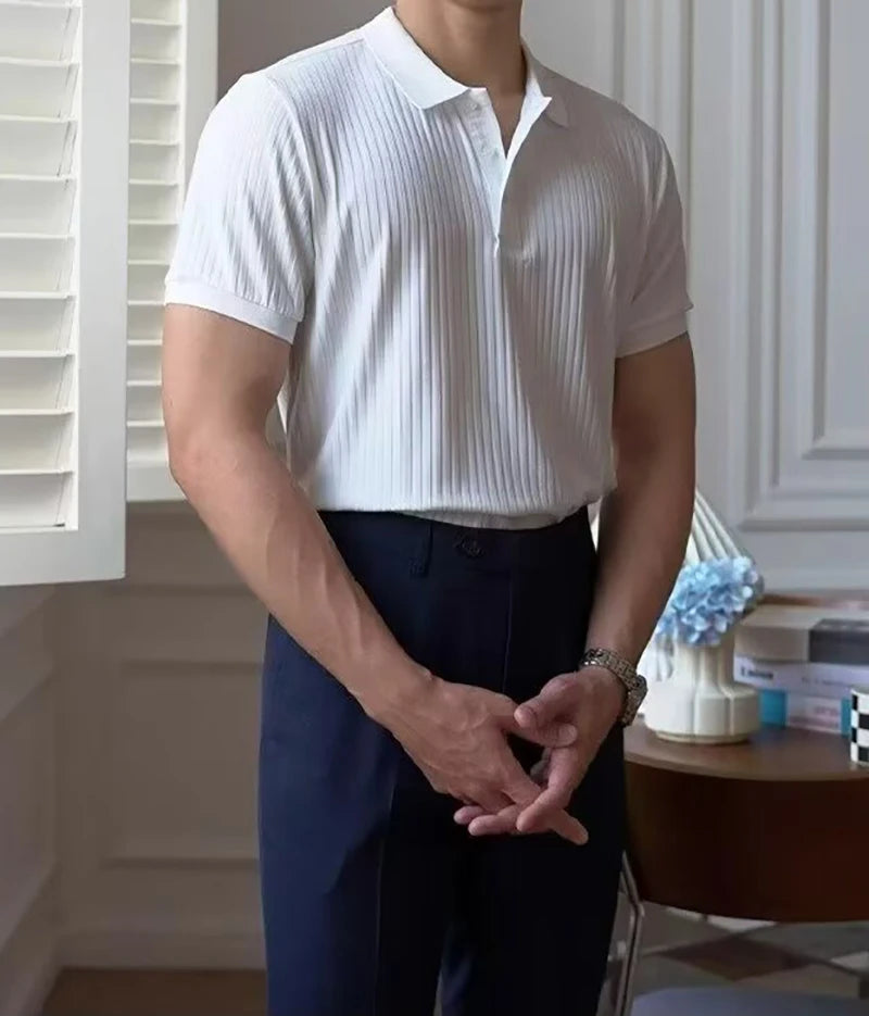 Vertical Stripe Knit Polo Men's Shirts Summer New Slim Solid Color Breathable Turn-Down Collar Business Short Sleeve Polo Tops