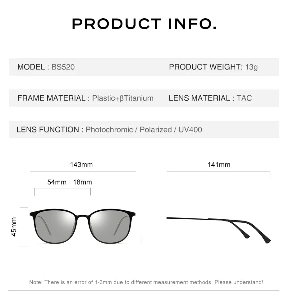 CAPONI Oval Men's Sunglasses Photochromic Polarized Sun Glasses For Men Protect UV Ray Super Light Driving Black Glasses BS520