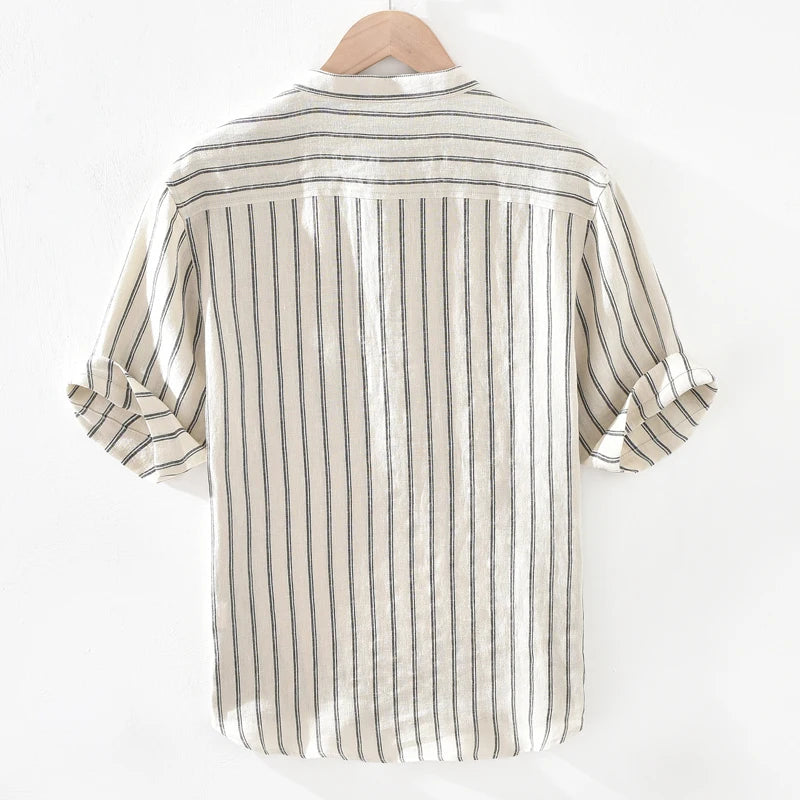 Loose Fit Linen irt Men's ort Sve Thin Striped irt Summer Lightweight f Sve Top Youth Trend Couples Wear