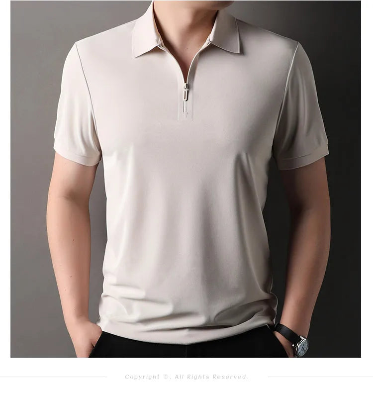 Men's Half-Zip Polo Shirt Light Beige Breathable Casual Slim Fit Stretch Cotton Classic Collar Business Casual Tops