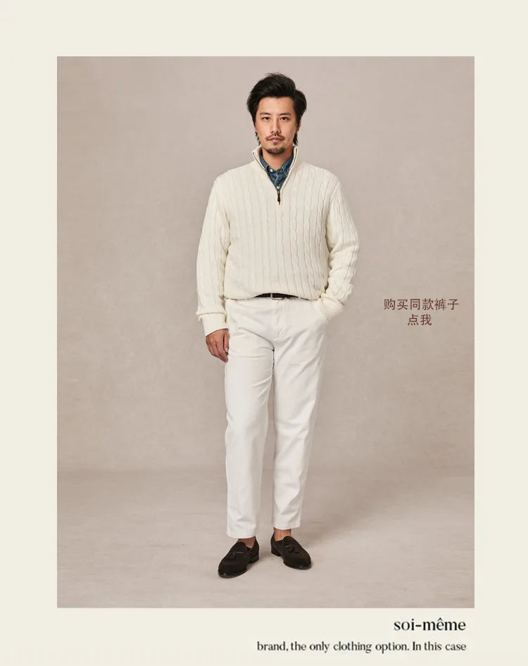 Autumn and winter retro half turtleneck zipper cashmere sweater men's loose pullover cable knit sweater coat trend