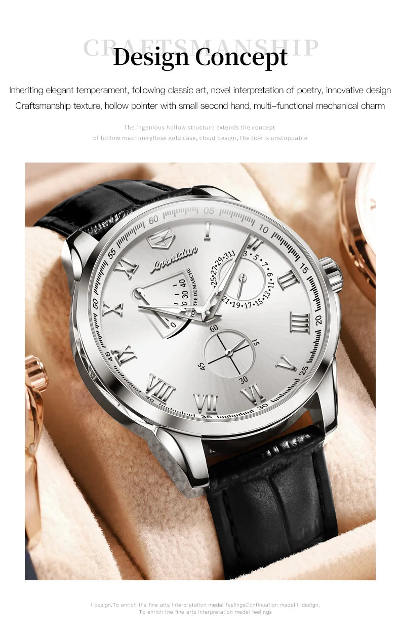 JSDUN 8921 Men's Watch Fashionable and Minimalist Business Waterproof Leather Strap Luxury Brand Automatic Mechanical Men Watch