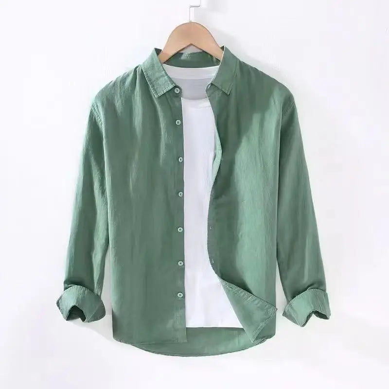 Linear Long-sleeved Men's Japanese Casual Loose Cotton Linen Shirt Spring and Summer Outfit Inch Shirt