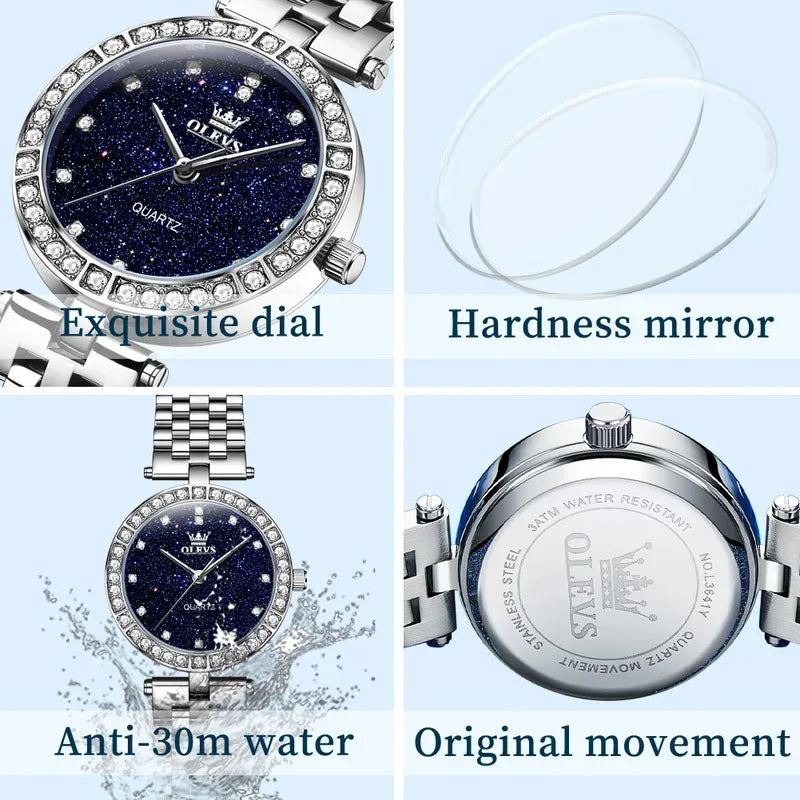 OLEVS 3641 Elegant Waterproof Ladies Quartz Watch Luminous Stainless Steel Starry Dial with Gift Box - Women's Fashion Accessory