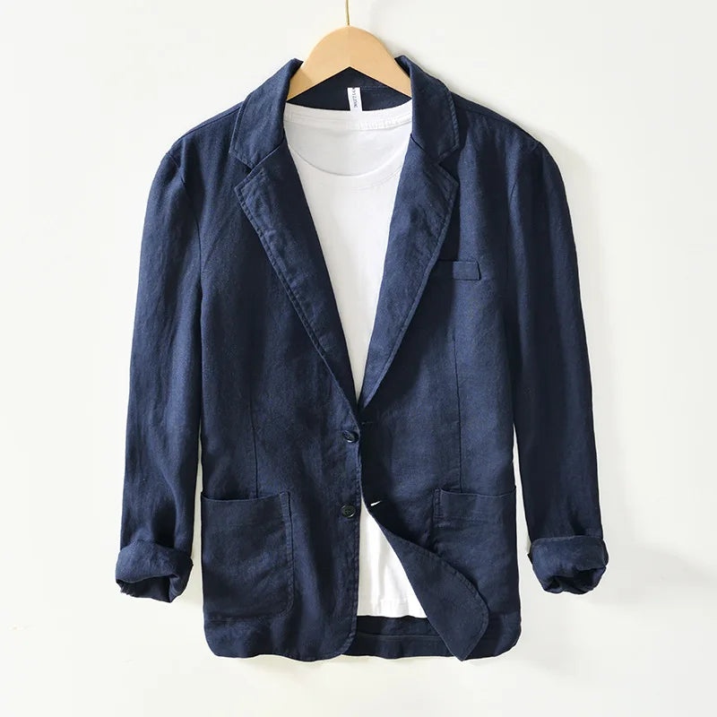 100% Linen Washed Vintage Notch Lapel Linen Blazer - Lightweight Business Casual Suit Jacket (Relaxed Fit for Men) Plus Size 4XL