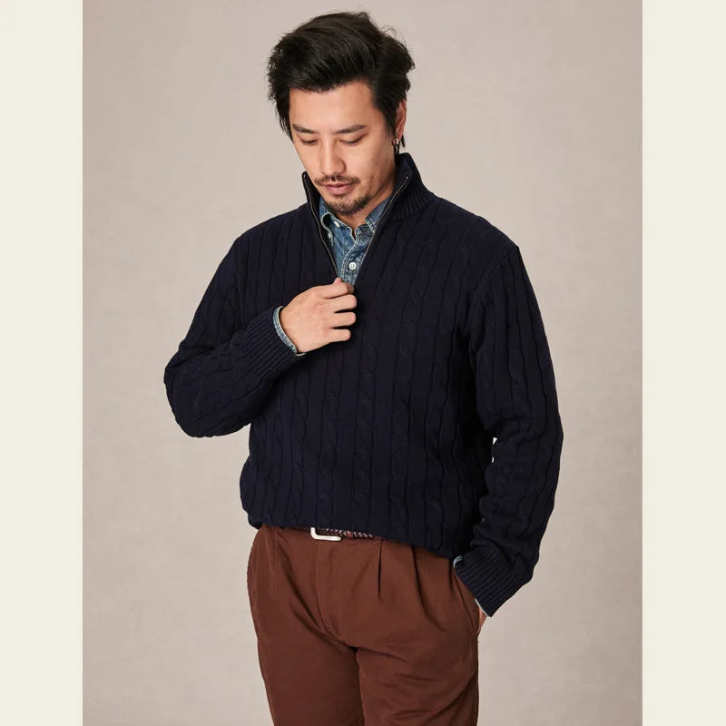 Autumn and winter retro half turtleneck zipper cashmere sweater men's loose pullover cable knit sweater coat trend
