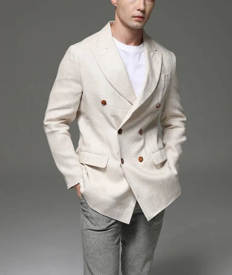 Fashion Summer Men Linen Blazer Suit Coat  Blazer Solid Color Jacket Double Breasted Slim Fit Breathable Business Work Casual