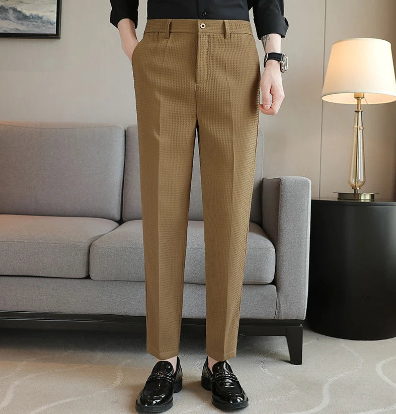 Trousers For Men Social Tailoring Slim Fit Khaki Business Waffle Tressed Work Wear Man Suits Pants Luxury Luxury Spring Clothes