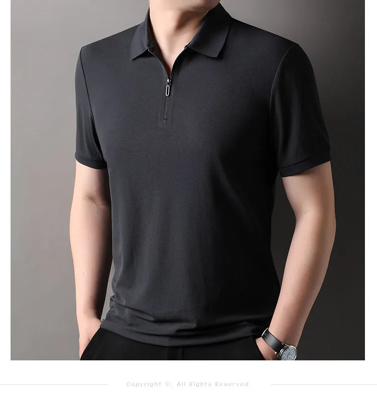 Men's Half-Zip Polo Shirt Light Beige Breathable Casual Slim Fit Stretch Cotton Classic Collar Business Casual Tops