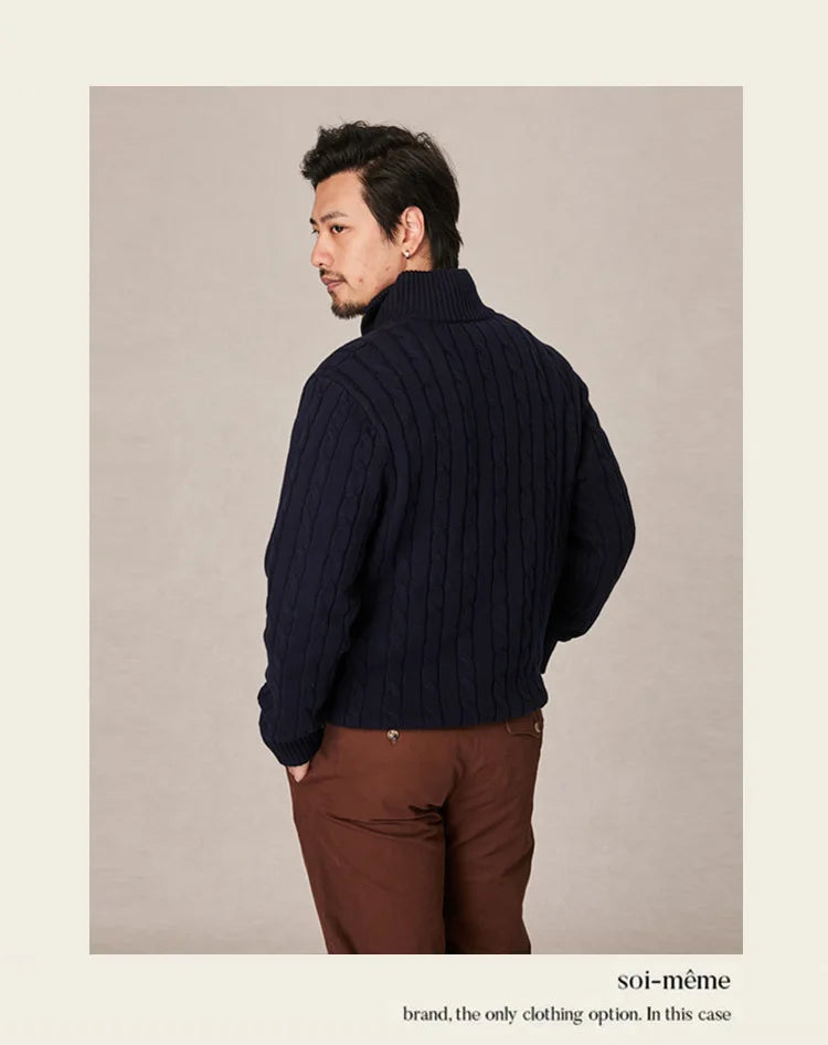 Autumn and winter retro half turtleneck zipper cashmere sweater men's loose pullover cable knit sweater coat trend