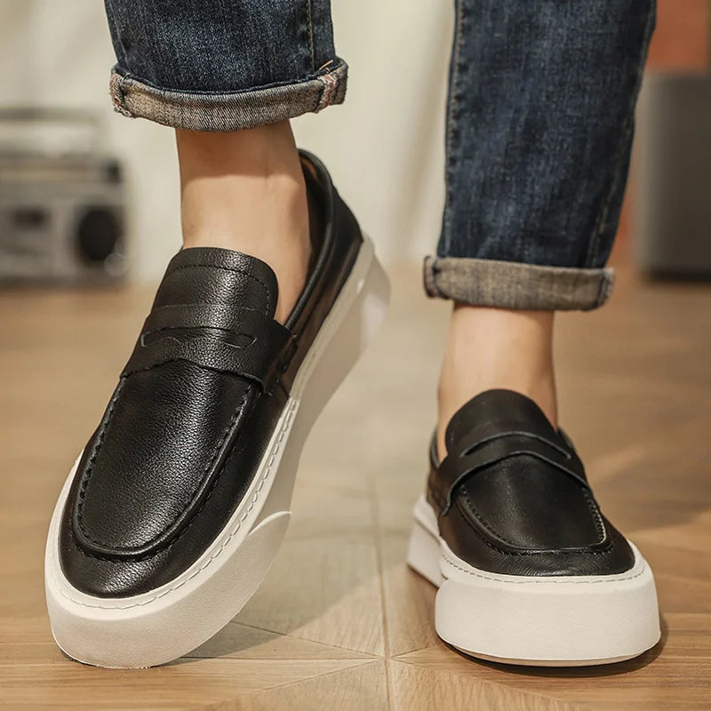 Outdoor New Men's Leather Loafers Round -Toed Thick-Soled Casual Comfortable And Versatile Shoe Classic Anti -Slip Walking Shoes
