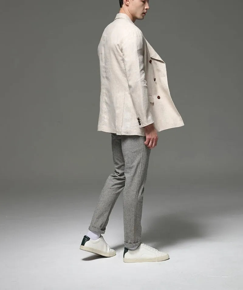 Fashion Summer Men Linen Blazer Suit Coat  Blazer Solid Color Jacket Double Breasted Slim Fit Breathable Business Work Casual