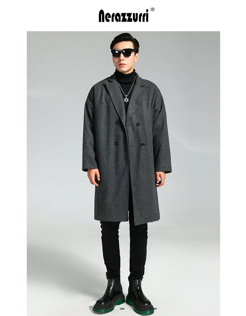 Nerazzurri Autumn Winter Grey Warm Fluffy Woolen Coat for Men Double Breasted Loose Casual Korean Fashion Wool & blends Coat