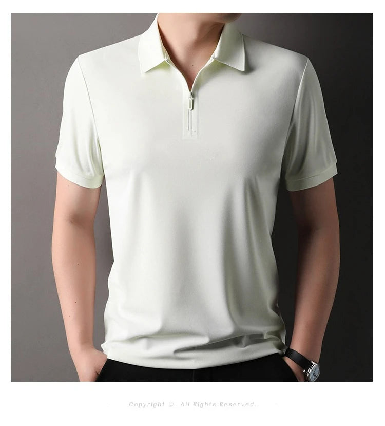 Men's Half-Zip Polo Shirt Light Beige Breathable Casual Slim Fit Stretch Cotton Classic Collar Business Casual Tops