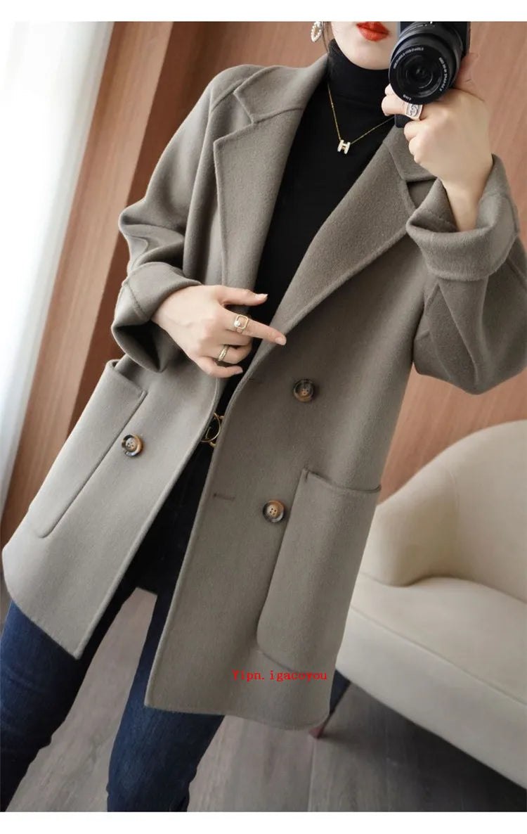 Autumn 100% Pure Wool Double-Sided Cashmere Coat Women Fashion Mid-Length Double-Breasted Wool Jacket Female Loose Overcoat B549