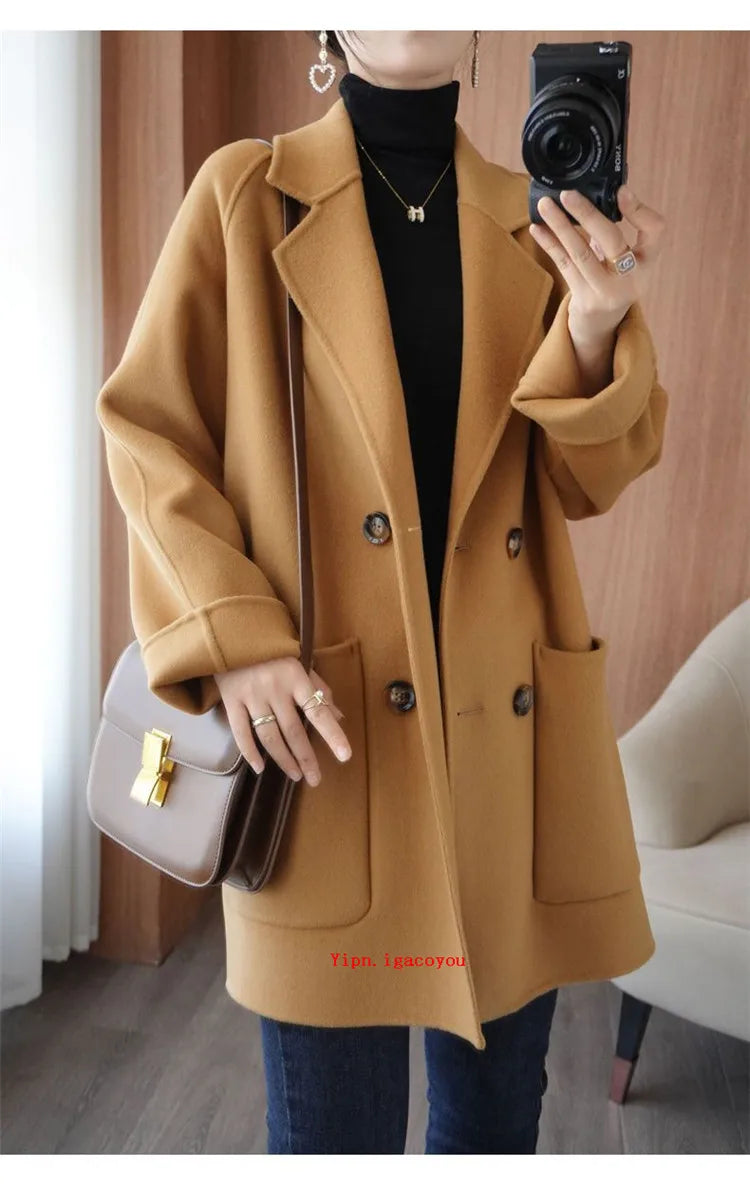 Autumn 100% Pure Wool Double-Sided Cashmere Coat Women Fashion Mid-Length Double-Breasted Wool Jacket Female Loose Overcoat B549
