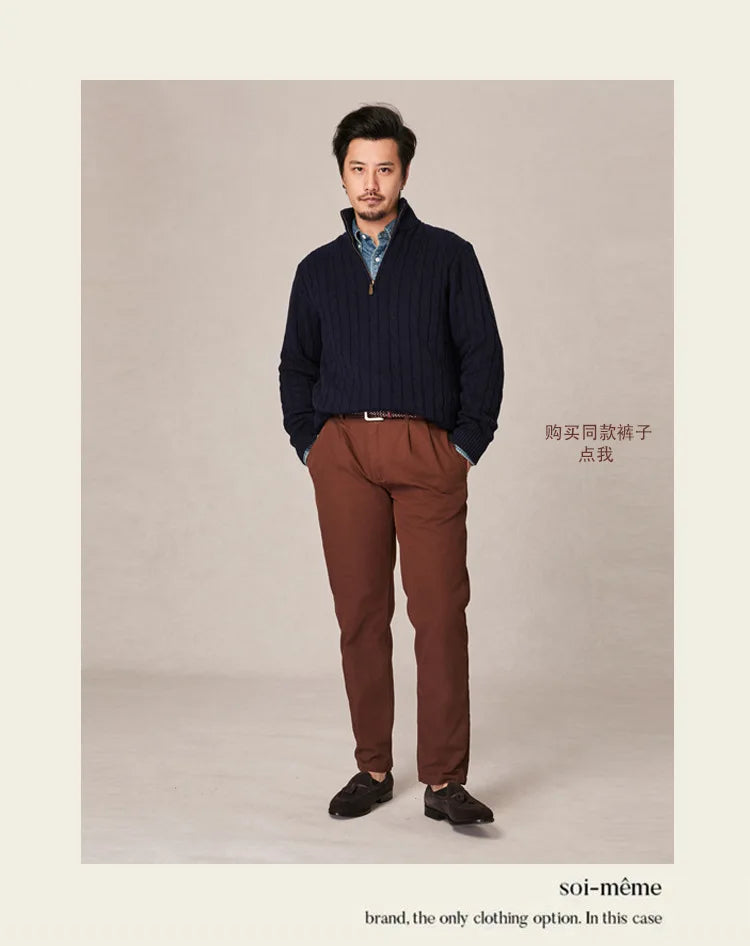 Autumn and winter retro half turtleneck zipper cashmere sweater men's loose pullover cable knit sweater coat trend