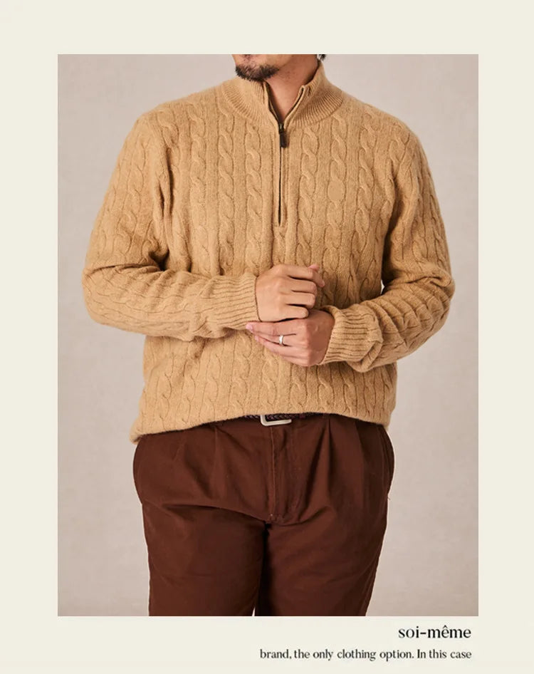 Autumn and winter retro half turtleneck zipper cashmere sweater men's loose pullover cable knit sweater coat trend