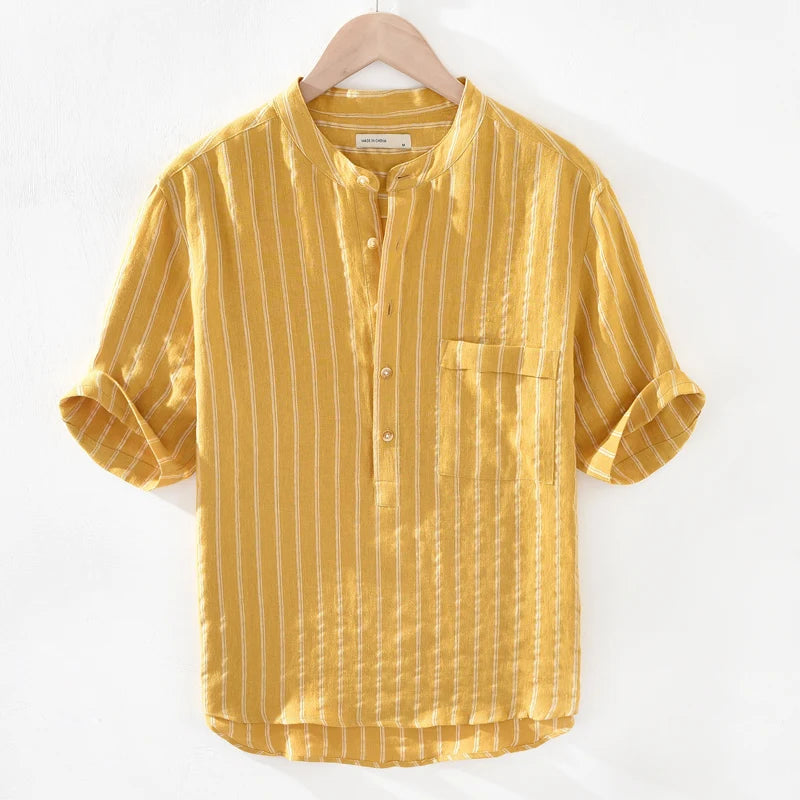 Loose Fit Linen irt Men's ort Sve Thin Striped irt Summer Lightweight f Sve Top Youth Trend Couples Wear